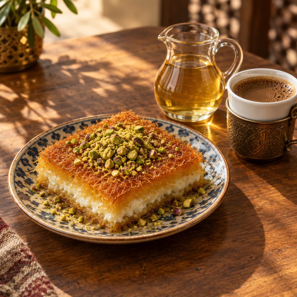 A square of kunafa topped with pistachio on a patterned plate, beside a jug of syrup and a cup of Turkish coffee